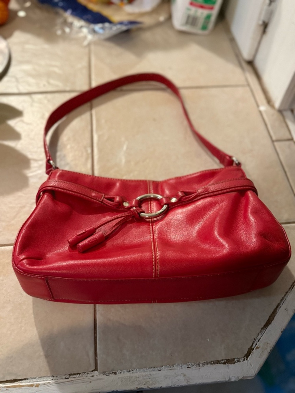 The Sak Red Leather Shoulder Bag with Ring & Tassel Detail